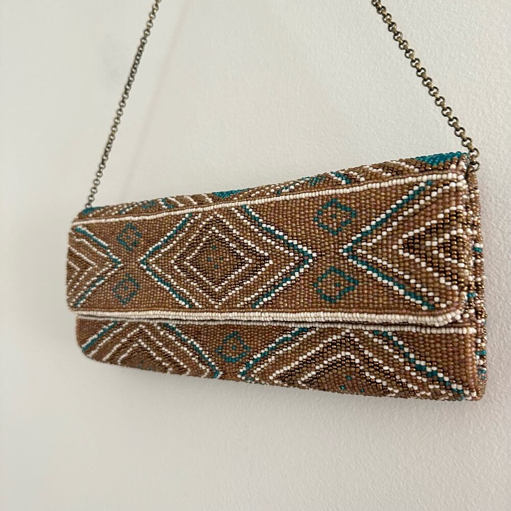 Santi Aztec Pattern Beaded Rectangle Shape Clutch Bag Brown - Picture 5 of 8